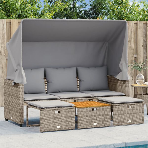vidaXL Divano Giardino 3 Posti con Tetto e Sgabelli Grigio Polyrattan