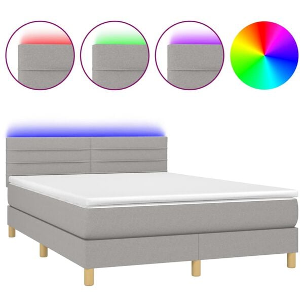 vidaXL Letto a Molle Materasso e LED Grigio Chiaro 140x200 cm Tessuto
