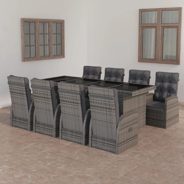 vidaXL Set da Pranzo da Esterno 9 pz con Cuscini in Polyrattan Grigio