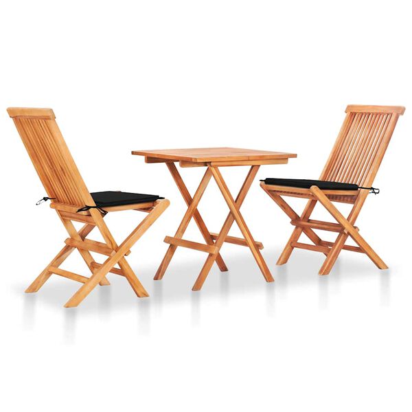 vidaXL Set da Bistrot 3 pz con Cuscini Neri in Legno Massello di Teak