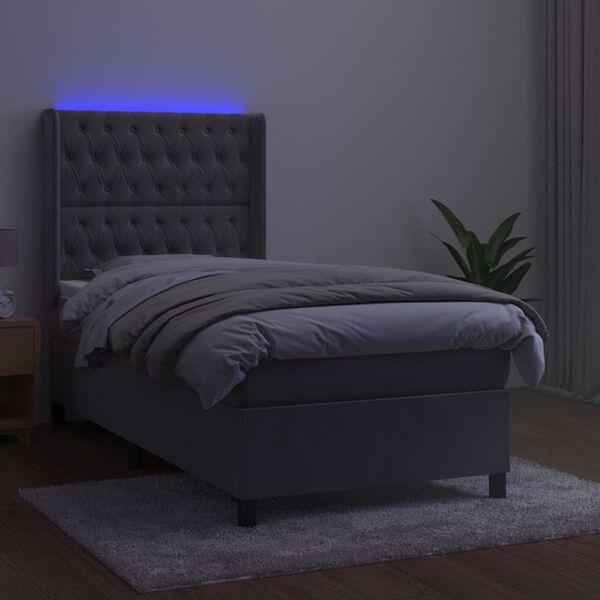 vidaXL Letto a Molle Materasso e LED Grigio Chiaro 100x200 cm Velluto