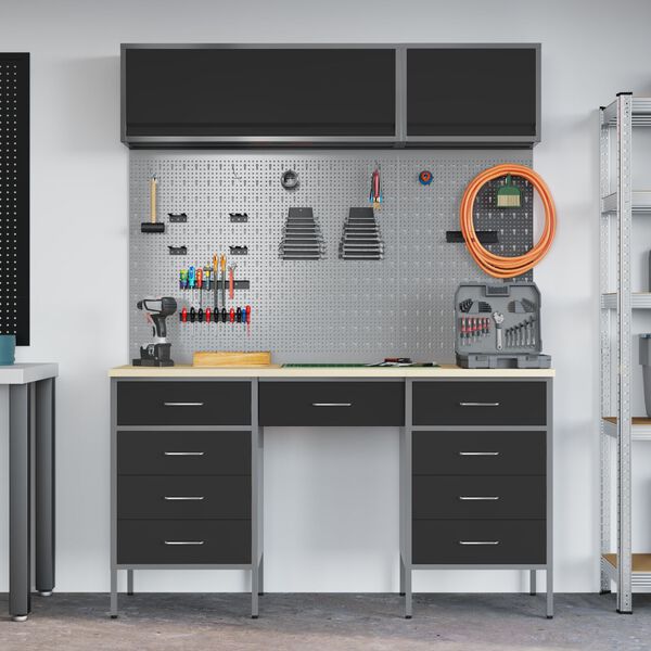 vidaXL Mobile da lavoro con cassetto 8 pcs Nero 150 x 55 x 200 cm