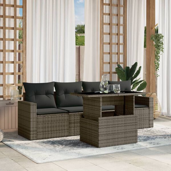vidaXL Set Divano da Giardino 5 pz con Cuscini Grigio in Polyrattan