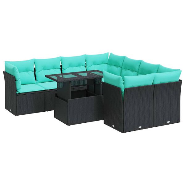 vidaXL Set Divani da Giardino 9 pz con Cuscini Nero Polyrattan Acacia