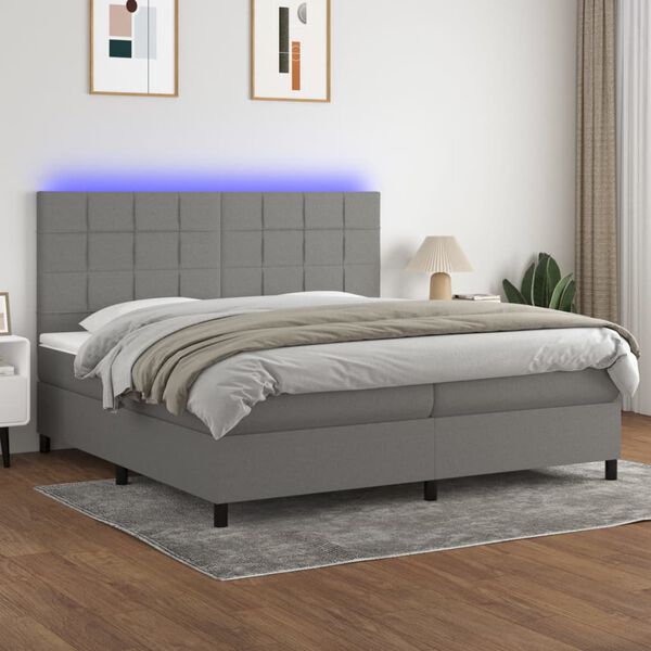 vidaXL Letto a Molle Materasso e LED Grigio Scuro 200x200cm in Tessuto