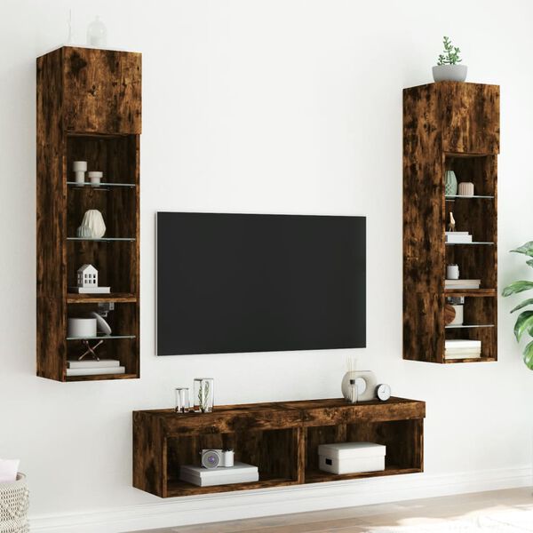 vidaXL Mobili TV a Muro con LED 6pz Rovere Fumo in Legno Multistrato