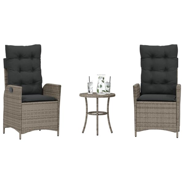 vidaXL Set da Bistr&ograve; 3 pz con Cuscini Grigio in Polyrattan