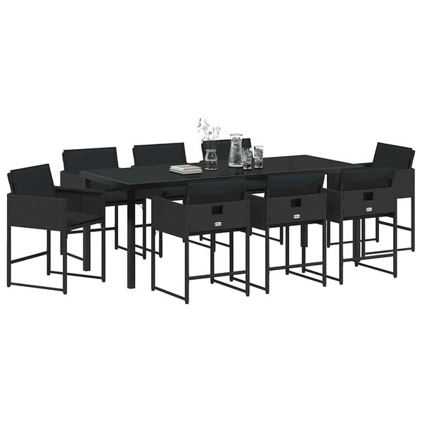 vidaXL Set da Pranzo per Giardino con cuscino 9 pcs Nero polyrattan
