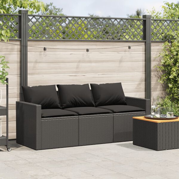 vidaXL Divano da Giardino a 3 Posti con Cuscini Nero in Polyrattan
