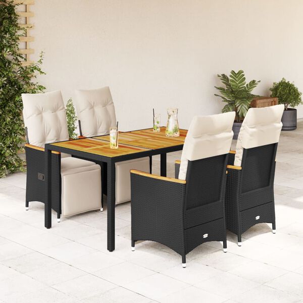 vidaXL Set Bistr&ograve; da Giardino 5 pz con Cuscini in Polyrattan Nero