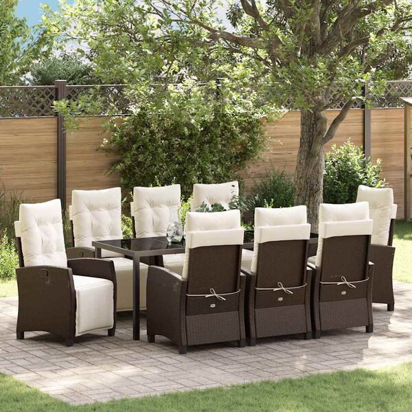 vidaXL Set da Pranzo per Giardino con cuscino 9 pcs Marrone polyrattan