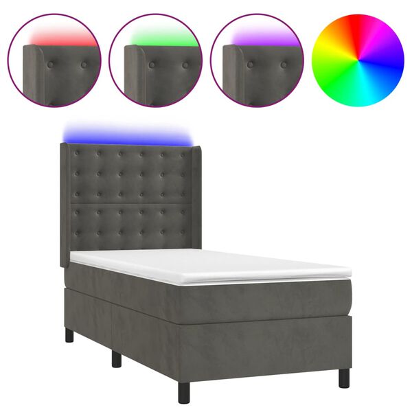 vidaXL Letto a Molle con Materasso e LED Grigio Scuro 90x190cm Velluto