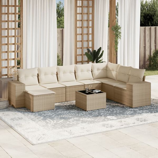 vidaXL Set Divano da Giardino 9 pz con Cuscini Beige in Polyrattan
