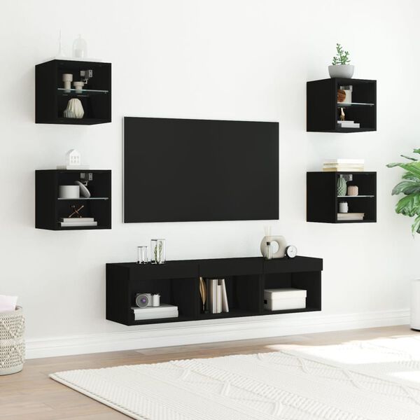 vidaXL Mobili TV a Muro con LED 7pz Neri in Legno Multistrato