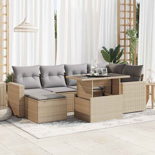 vidaXL Set Divani da Giardino 7 pz con Cuscini Beige in Polyrattan