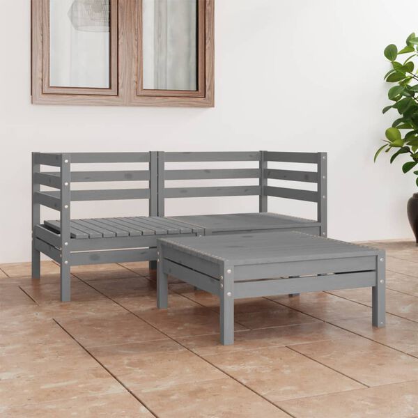 vidaXL Set Divani da Giardino 3 pz Grigio in Legno Massello di Pino
