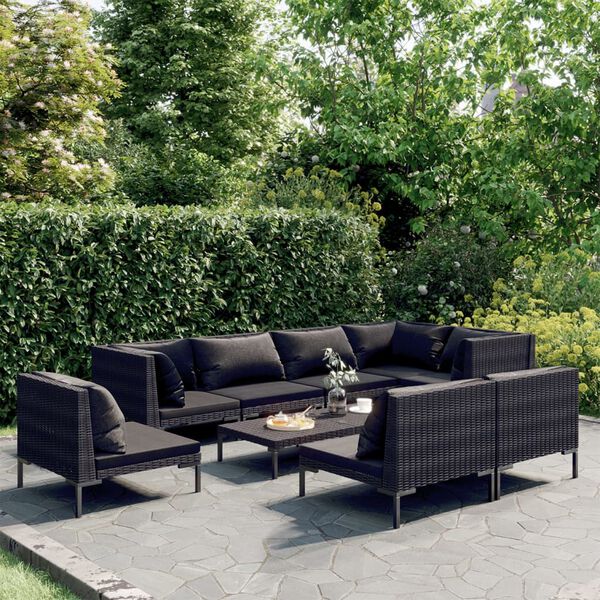 vidaXL Set Divani da Giardino 9 pz con Cuscini Polyrattan Grigio Scuro
