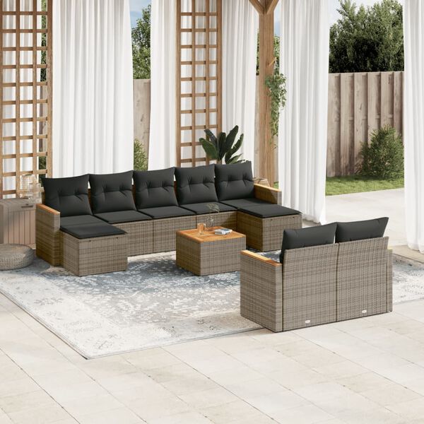 vidaXL Set Divano da Giardino 10 pz con Cuscini Grigio in Polyrattan