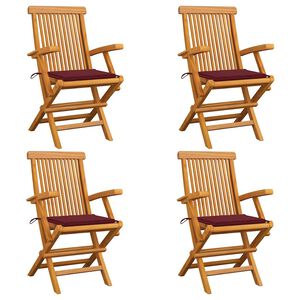 vidaXL Sedie pieghevoli con cuscini color rosso vino, 4 pezzi, in legno massello di teak.