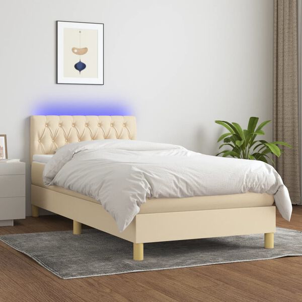 vidaXL Letto a Molle con Materasso e LED Crema 90x190 cm in Tessuto
