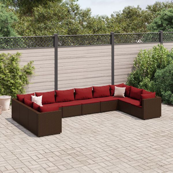 vidaXL Set Divani da Giardino 10 pz con Cuscini in Polyrattan Marrone