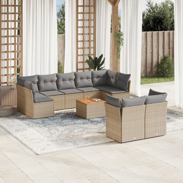 vidaXL Set Divano da Giardino 10 pz con Cuscini Beige Misto Polyrattan