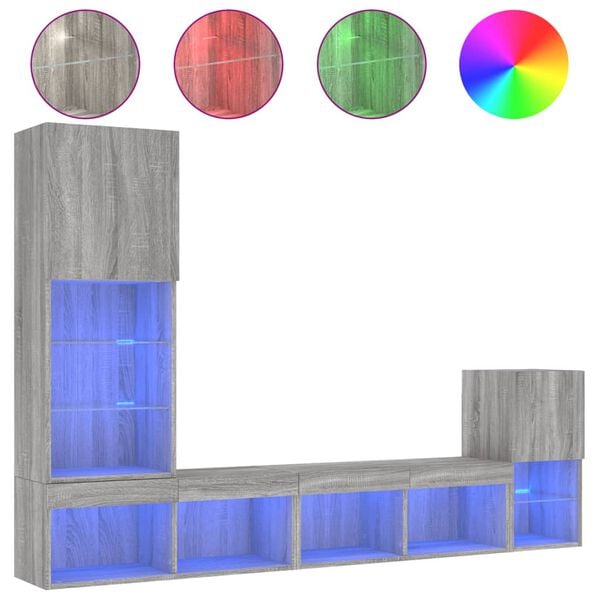 vidaXL Mobili TV a Muro con LED 4pz Grigio Sonoma in Legno Multistrato