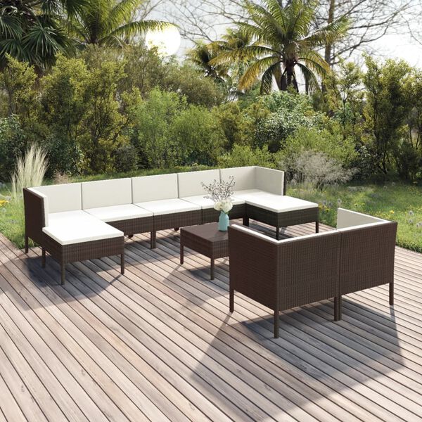 vidaXL Set Divani da Giardino 10 pz con Cuscini in Polyrattan Marrone