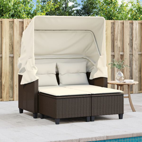 vidaXL Divano Giardino 2 Posti Baldacchino Sgabelli Marrone Polyrattan