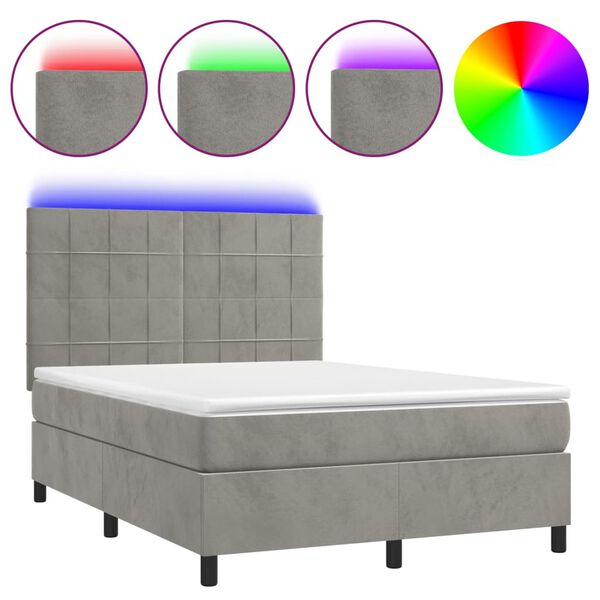 vidaXL Letto a Molle Materasso e LED Grigio Chiaro 140x190 cm Velluto