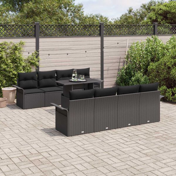 vidaXL Set Divano da Giardino con cuscino 9 pcs Nero polyrattan