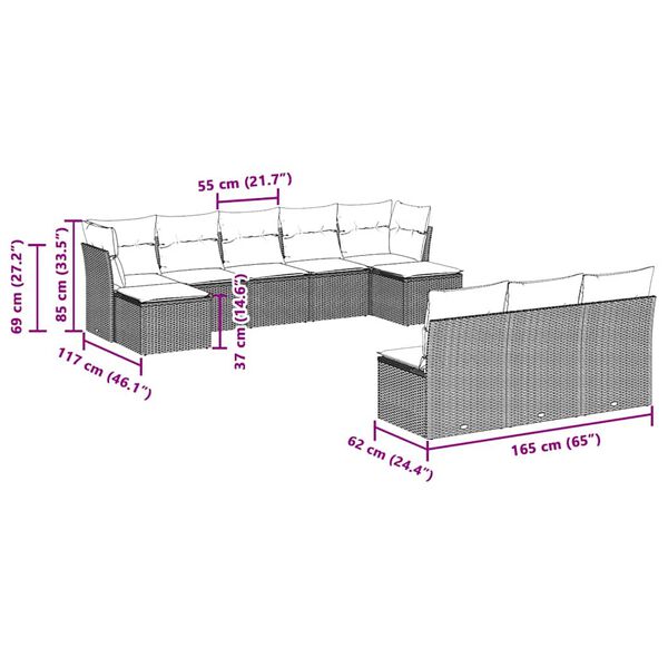 vidaXL Set Divano Giardino 10 pz con Cuscini Grigio Chiaro Polyrattan