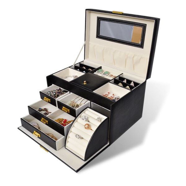 Scatola per gioielli con cassetti, portaanelli e specchio