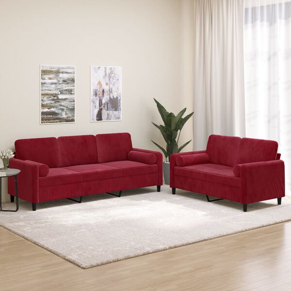 vidaXL Set di Divani 2 pz con Cuscini Decorativi Rosso Vino in Velluto