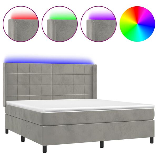 vidaXL Letto a Molle Materasso e LED Grigio Chiaro 180x200 cm Velluto