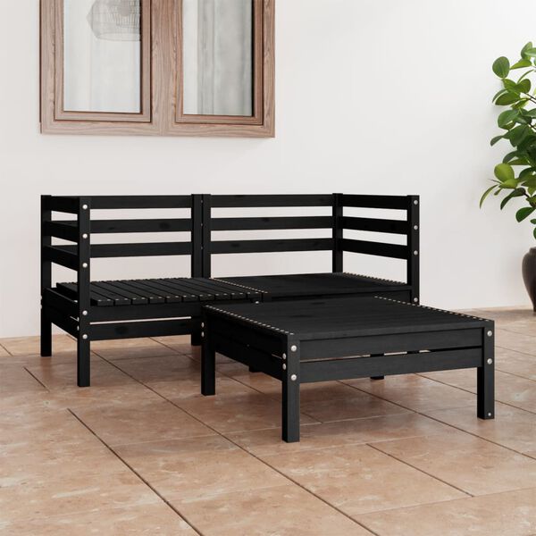 vidaXL Set Divani da Giardino 3 pz Nero in Legno Massello di Pino
