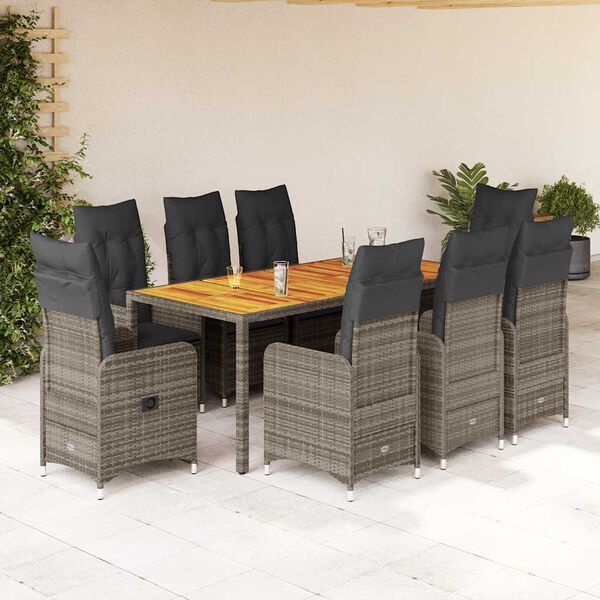 vidaXL Set Bistr&ograve; da Giardino 9 pz con Cuscini in Polyrattan Grigio