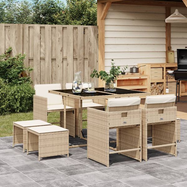 vidaXL Set da Pranzo da Giardino 9 pz con Cuscini Beige in Polyrattan