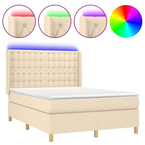 vidaXL Letto a Molle con Materasso e LED Crema 140x190 cm in Tessuto