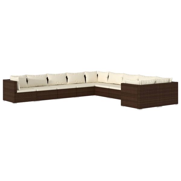 vidaXL Set Divani da Giardino 10 pz con Cuscini in Polyrattan Marrone