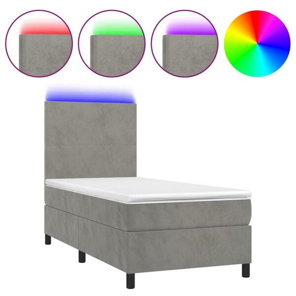 vidaXL Letto a Molle Materasso e LED Grigio Chiaro 90x190 cm Velluto