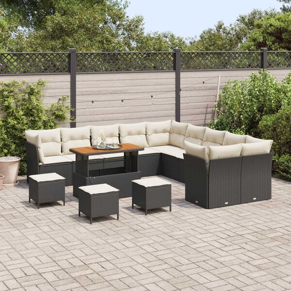vidaXL Set Divano da Giardino 14 pcs Nero e Crema polyrattan