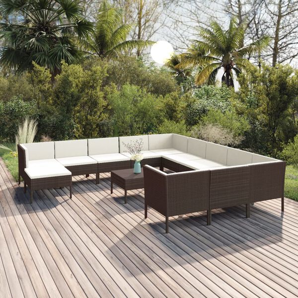 vidaXL Set Divani da Giardino 13 pz con Cuscini in Polyrattan Marrone