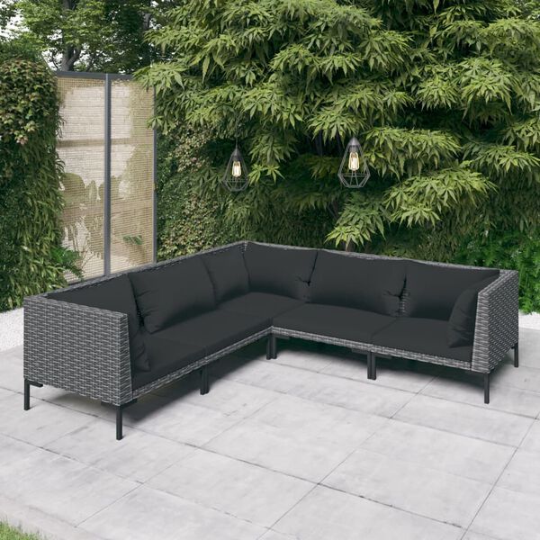 vidaXL Divani da Giardino 5 pz con Cuscini in Polyrattan Grigio Scuro