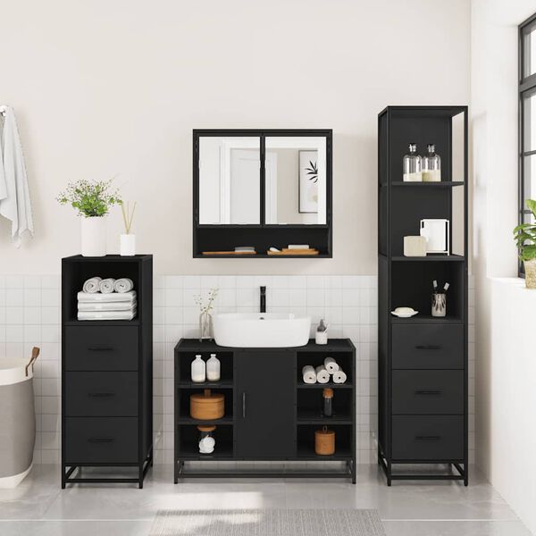 vidaXL Set Mobili da Bagno 4 pz Nero in Legno Multistrato