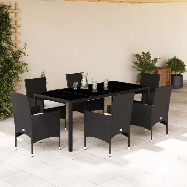 vidaXL Set Pranzo da Giardino 7 pz Nero con Cuscini Polyrattan Acacia