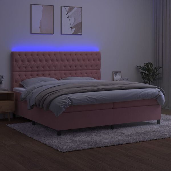 vidaXL Letto a Molle con Materasso e LED Rosa 200x200 cm in Velluto