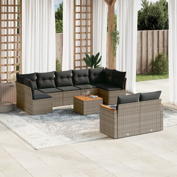 vidaXL Set Divano da Giardino 10 pz con Cuscini Grigio in Polyrattan