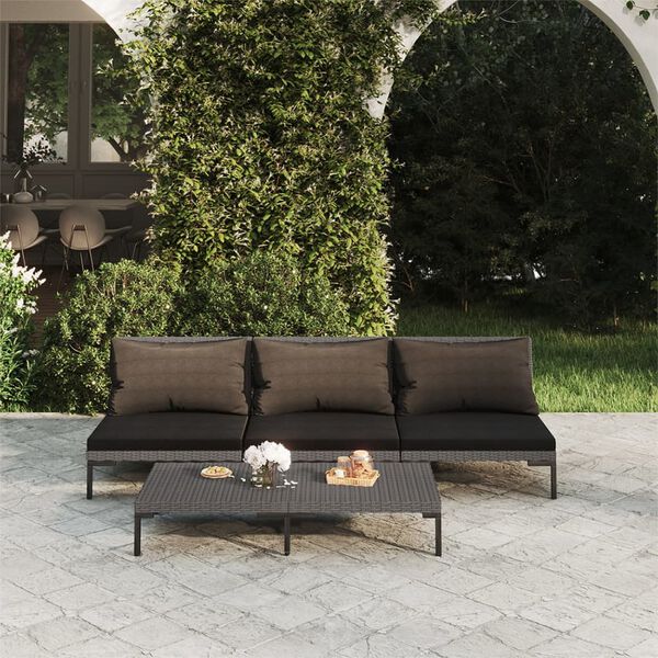 vidaXL Set Divani da Giardino 4 pz con Cuscini Polyrattan Grigio Scuro