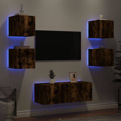 vidaXL Mobili TV a Muro con LED 6pz Rovere Fumo in Legno Multistrato